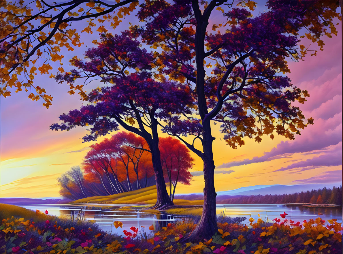 Colorful Autumn Landscape with Trees, Lake, and Sunset