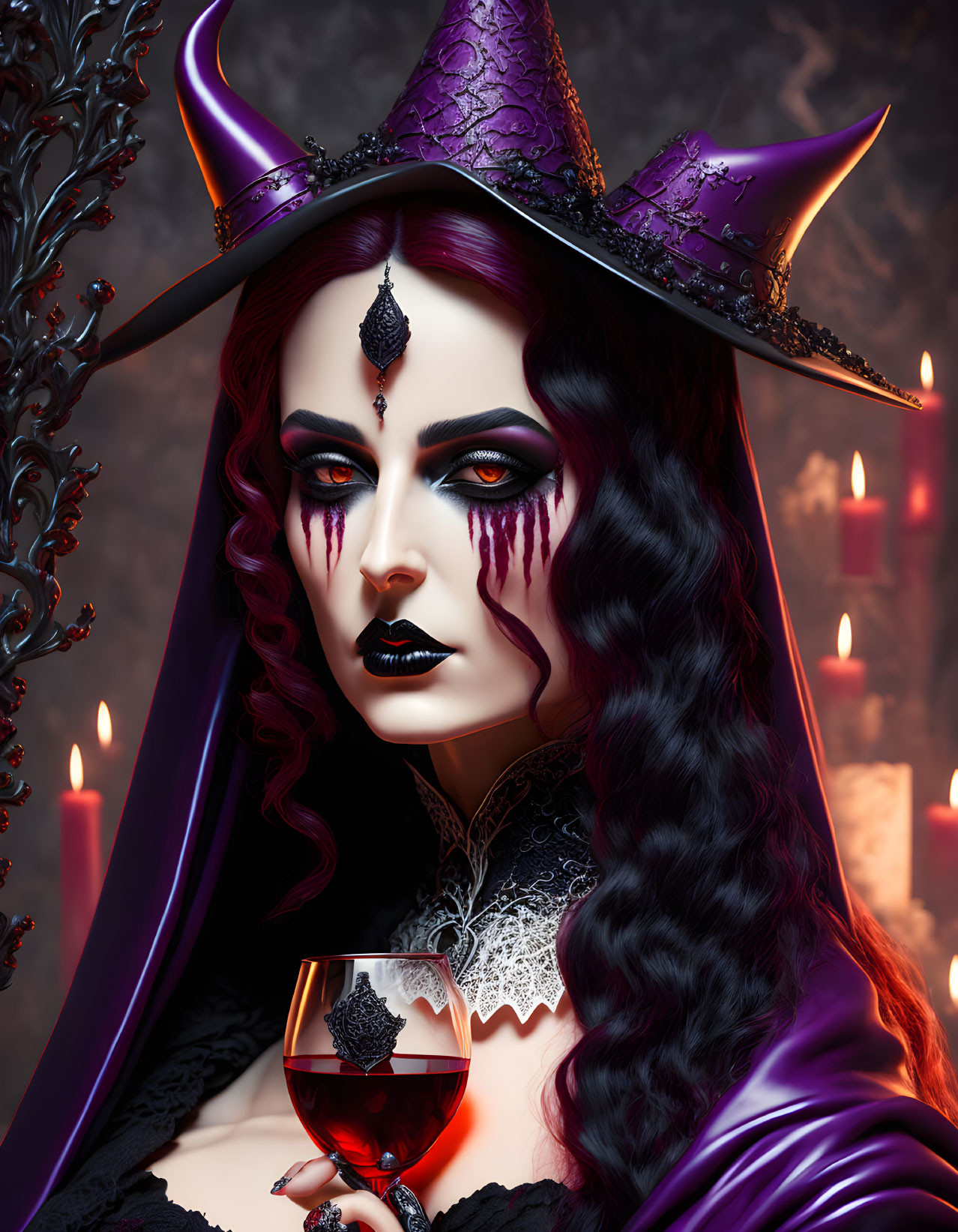 Stylized purple witch in pointed hat holding goblet with dark makeup and candles