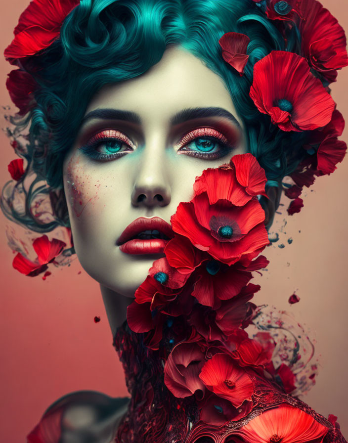 Vibrant teal hair woman with red poppies, blue eyes, red makeup