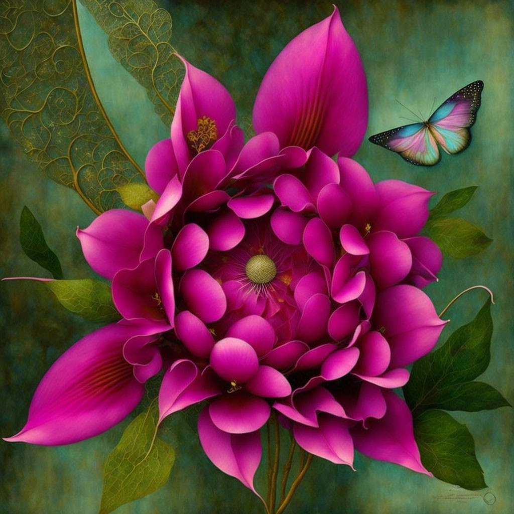 Digital Artwork: Cluster of Pink Flowers & Butterfly on Teal Background