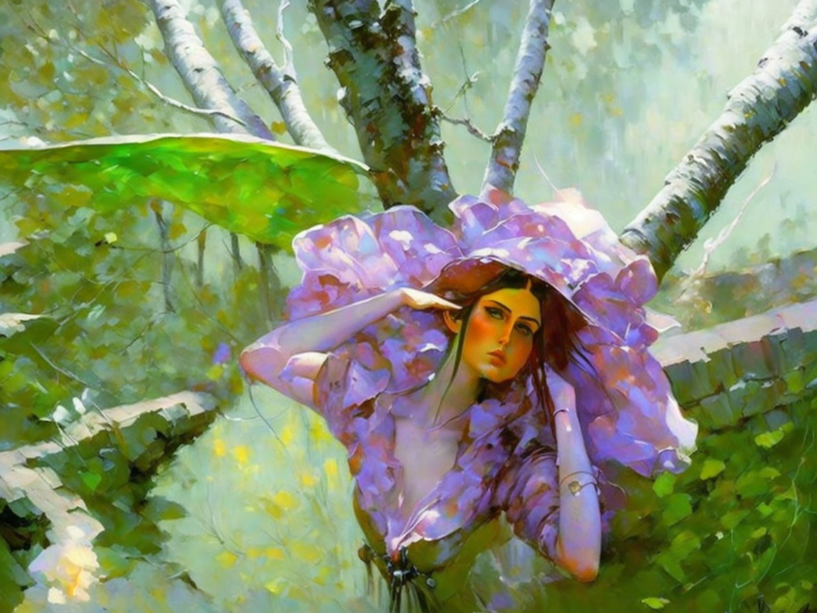 Woman in Purple Floral Hat Leaning Against Birch Tree