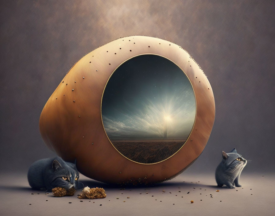 Two cats next to giant doughnut with landscape view through hole; cookie crumbs around