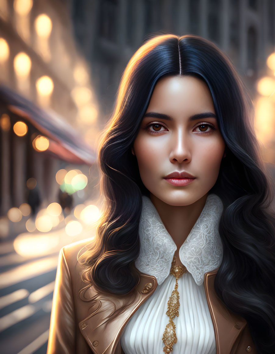 Portrait of woman with long dark hair and brown eyes in white blouse and brown jacket with city lights.