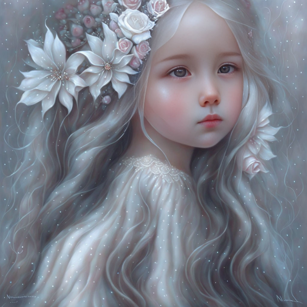 Digital painting of young girl with flowing hair and floral adornments