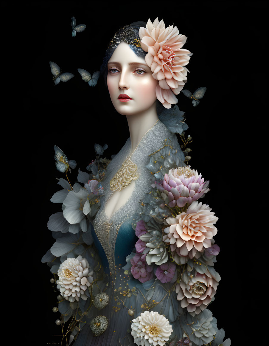 Stylized portrait of woman with flowers and butterflies on dark background