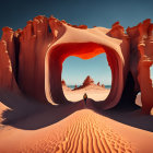 Person standing in front of diminishing natural arches in vast orange desert