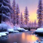 Snow-covered forest cabin near twilight-lit icy lake