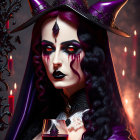 Stylized purple witch in pointed hat holding goblet with dark makeup and candles