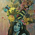 Surreal painting of woman with vibrant floral headpiece