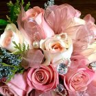 Vibrant pink and white rose bouquet with greenery landscape