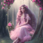 Woman with Long Wavy Hair on Flower Swing in Mystical Forest