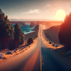 Tranquil sunset landscape with road, forest, desert, lake, and birds