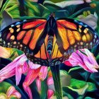 Colorful Monarch Butterfly Digital Painting on Flowers