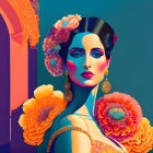 Colorful digital portrait of a woman with floral adornments and Indian architectural backdrop
