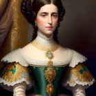 Historical portrait of a woman in teal dress with gold embroidery and pearl necklace