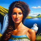 Portrait of young woman with dark hair and flower crown by river with white bird in scenic landscape