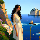 Illustrated woman in white Grecian dress on balcony overlooking seaside town and cliffs