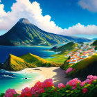 Scenic coastal village painting with mountain, greenery, beach, flowers