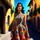 Woman in vibrant dress on colorful street with blooming flowers