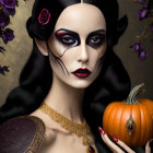 Woman in Dark Queen Attire with Crown, Pumpkin, Purple Roses, and Dramatic Makeup