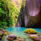 Majestic canyon with serene turquoise river and lush foliage