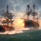 Tall ships with billowing sails on misty waves at sunset