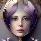 Reflective woman with butterfly crown in vintage mirror surrounded by butterflies