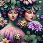 Stylized women with striking makeup, blue cat in hat, colorful flowers