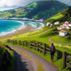Scenic coastal path with beach, ocean, village, green hills, and cloudy sky