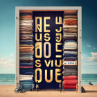 Surreal oversized wardrobe on beach with neat clothes stack and bicycle. Eye-catching typographic door.