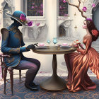 Surreal artwork featuring man and woman at table with odd shapes amid twisted trees