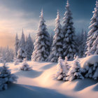 Snow-covered pine trees, winding path, cozy cottage at dusk