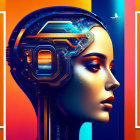 Futuristic female android digital artwork with open head compartment.