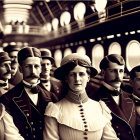 Victorian-era people in sepia-tone attire in elegant setting