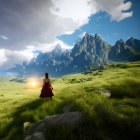 Woman in red dress admiring mountain range at sunset