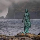 Somber girl in teal dress walks on debris in dystopian landscape