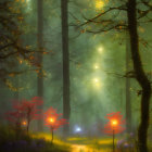 Enchanted forest with tall trees, soft lights, mist, red flowers, and path