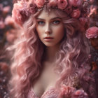 Young woman in burgundy with floral crown and backdrop