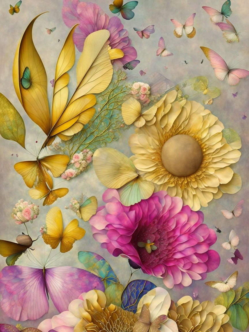 Pastel-colored flowers and butterflies in whimsical artwork