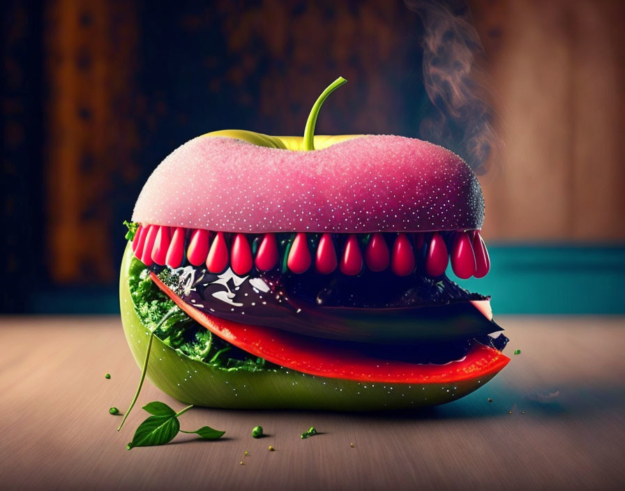 Whimsical sandwich with apple slice buns, red vegetable layer, lettuce, and patty on