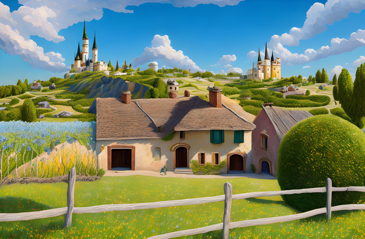 Tranquil countryside scene with stone house, rolling hills, and distant castles