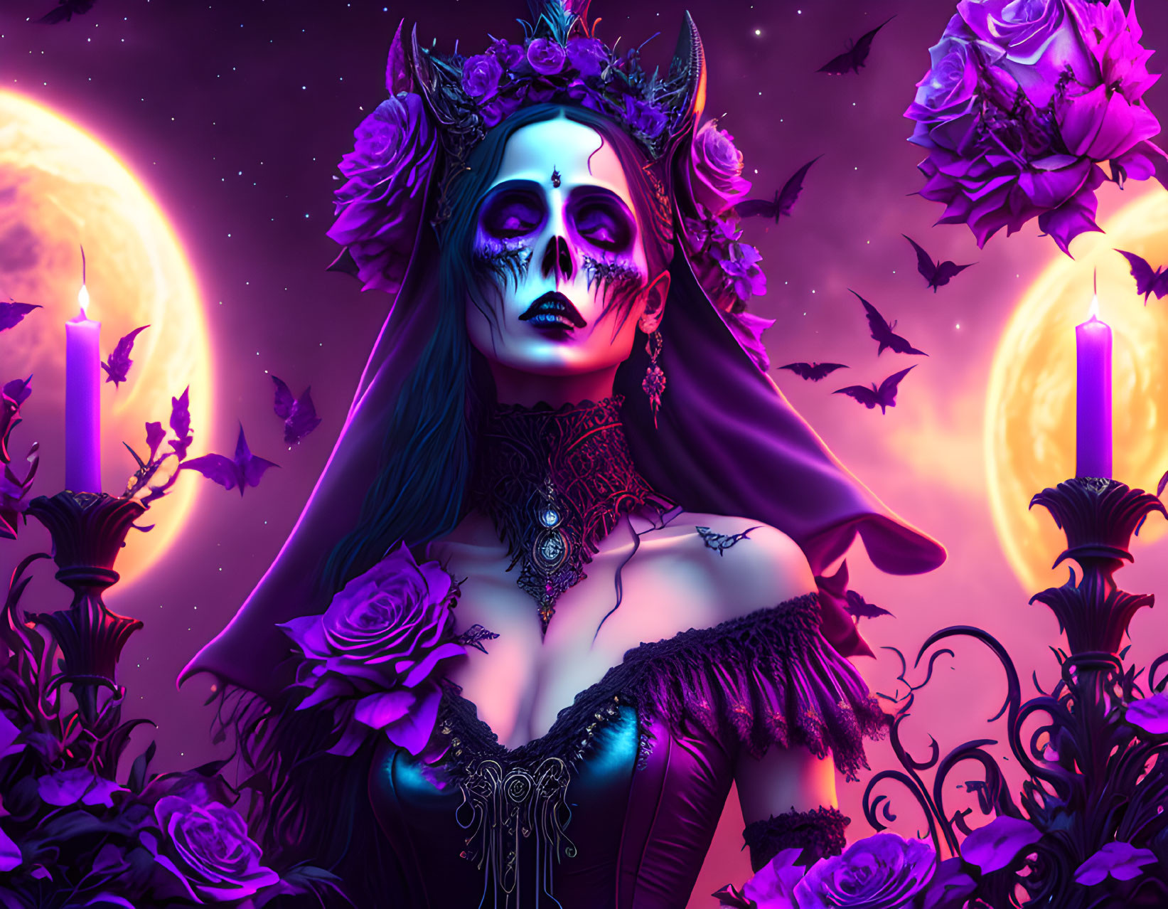 Skull-faced gothic figure among purple roses under dual-moon sky