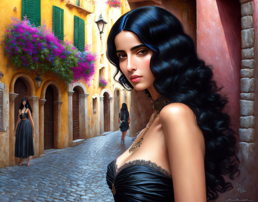 Digital art: Woman with dark hair in black dress in European alley with flowers