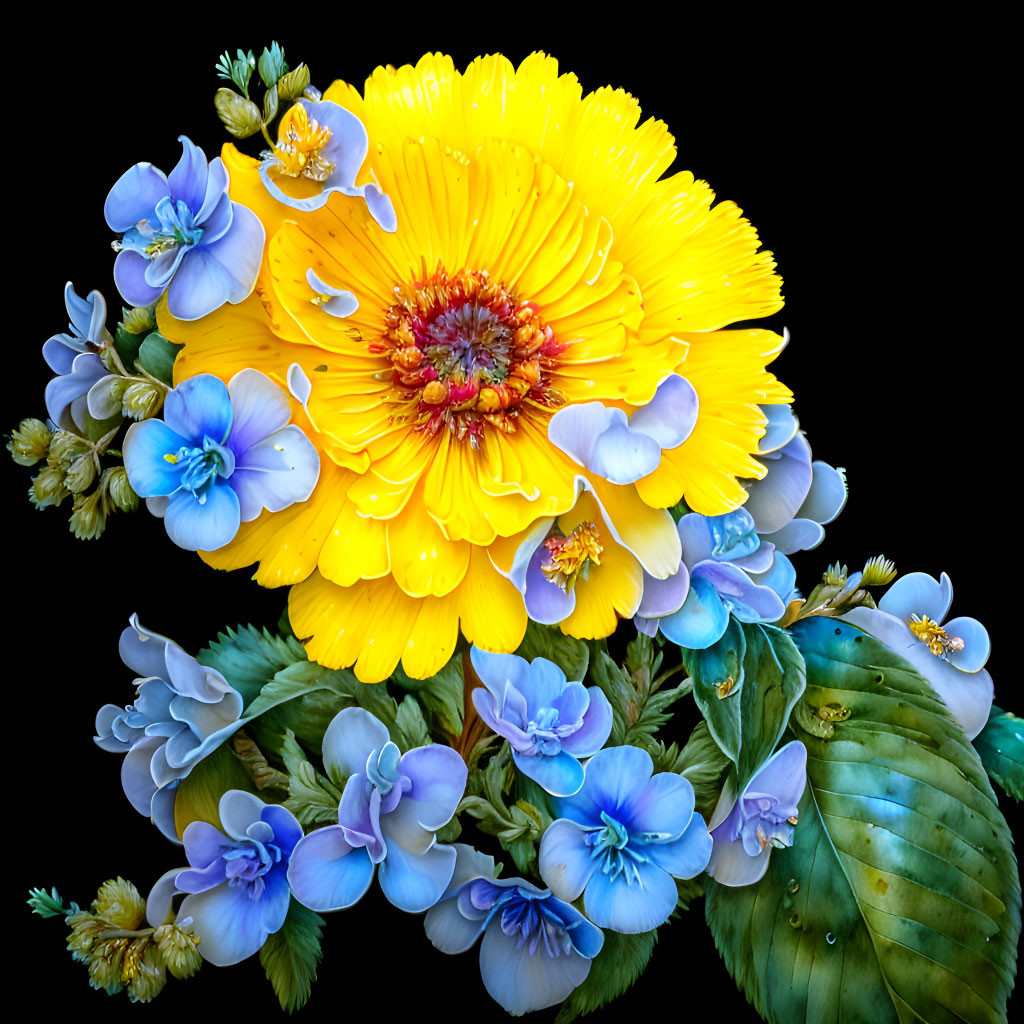 Colorful Floral Arrangement with Yellow and Blue Flowers on Black Background