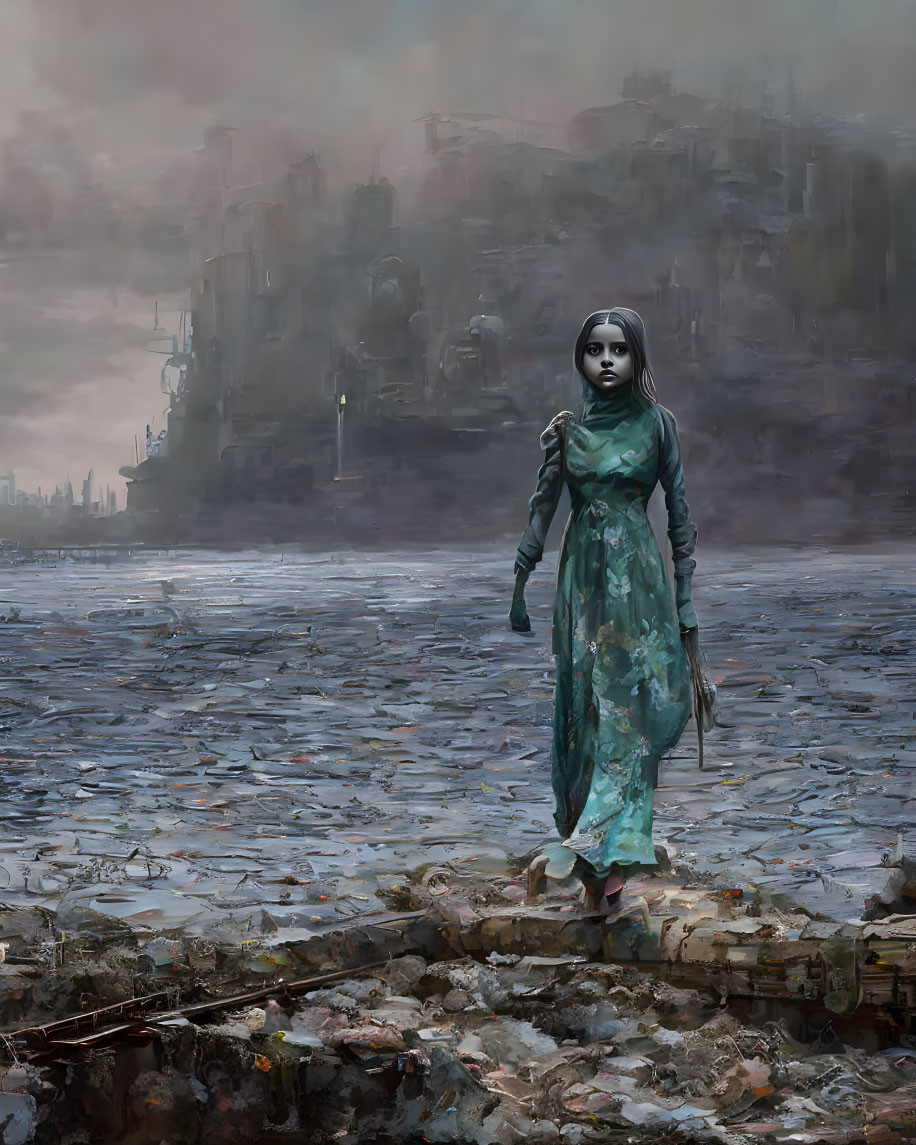 Somber girl in teal dress walks on debris in dystopian landscape