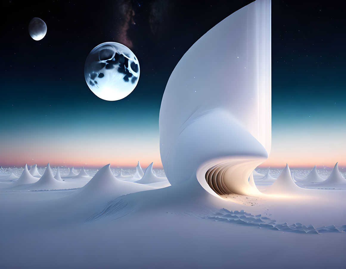 Surreal landscape with white structures, swirl feature, two moons, and twilight sky