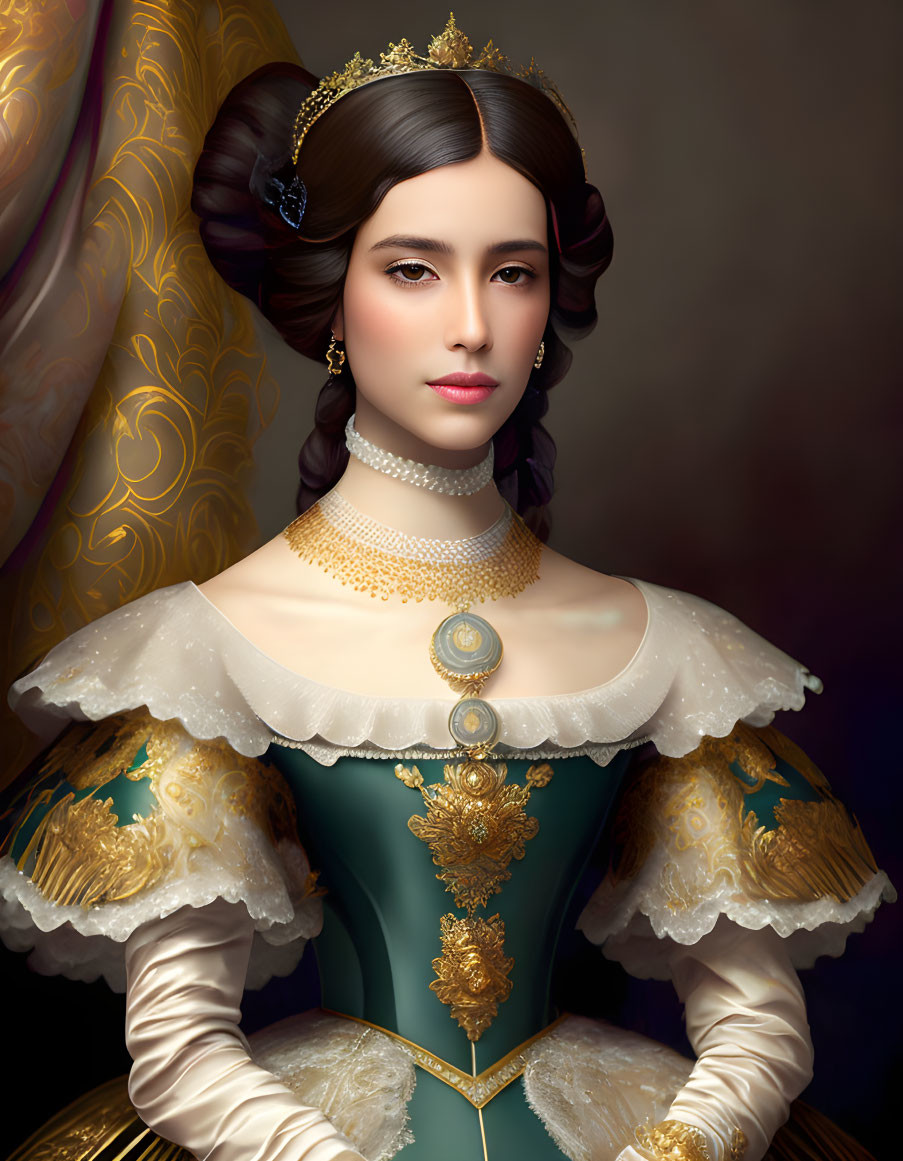 Historical portrait of a woman in teal dress with gold embroidery and pearl necklace