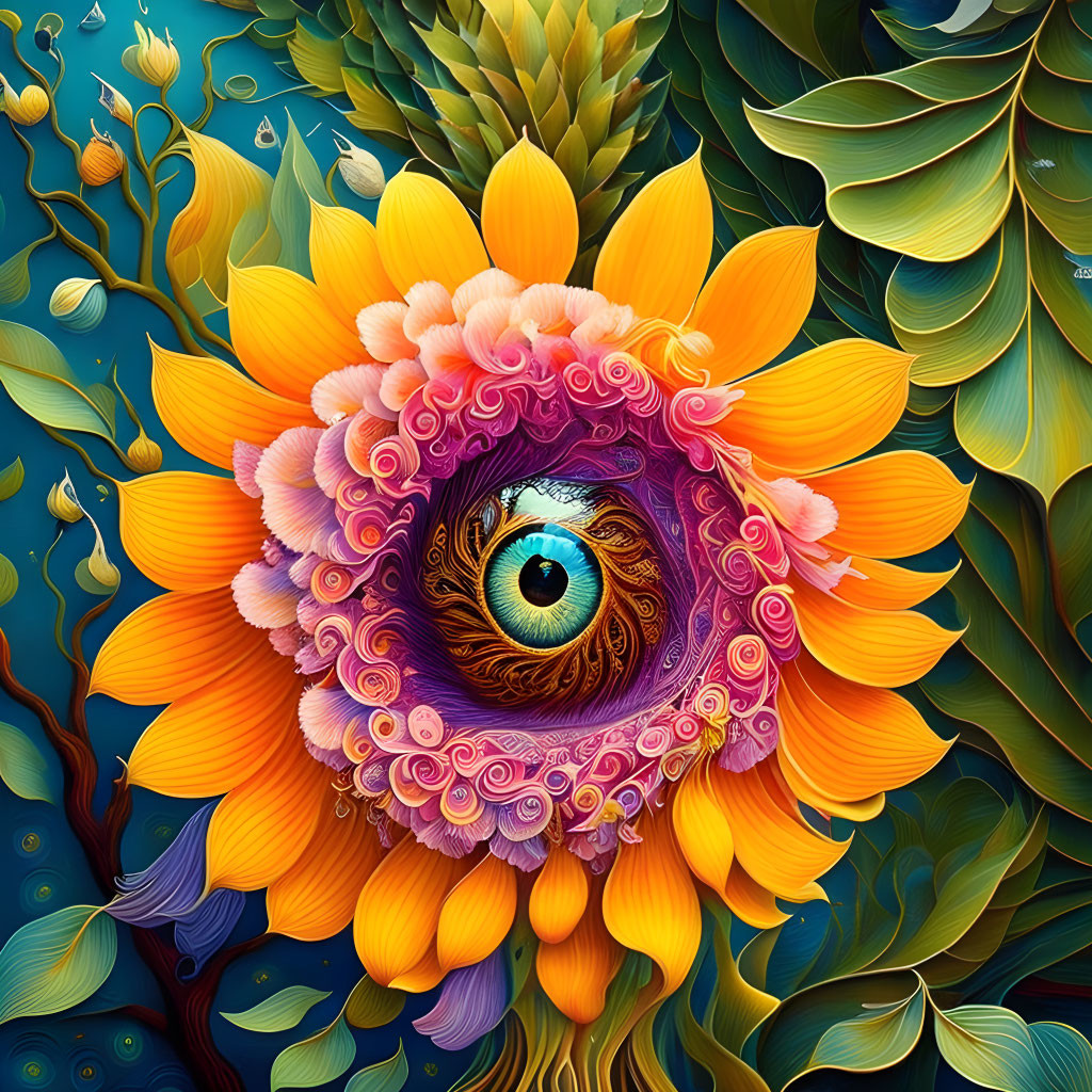 Colorful surreal eye surrounded by petals and leaves in sunflower-like arrangement