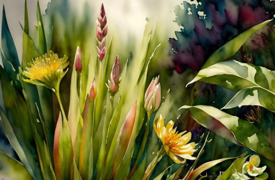 Lush Garden Watercolor Painting with Yellow Flowers