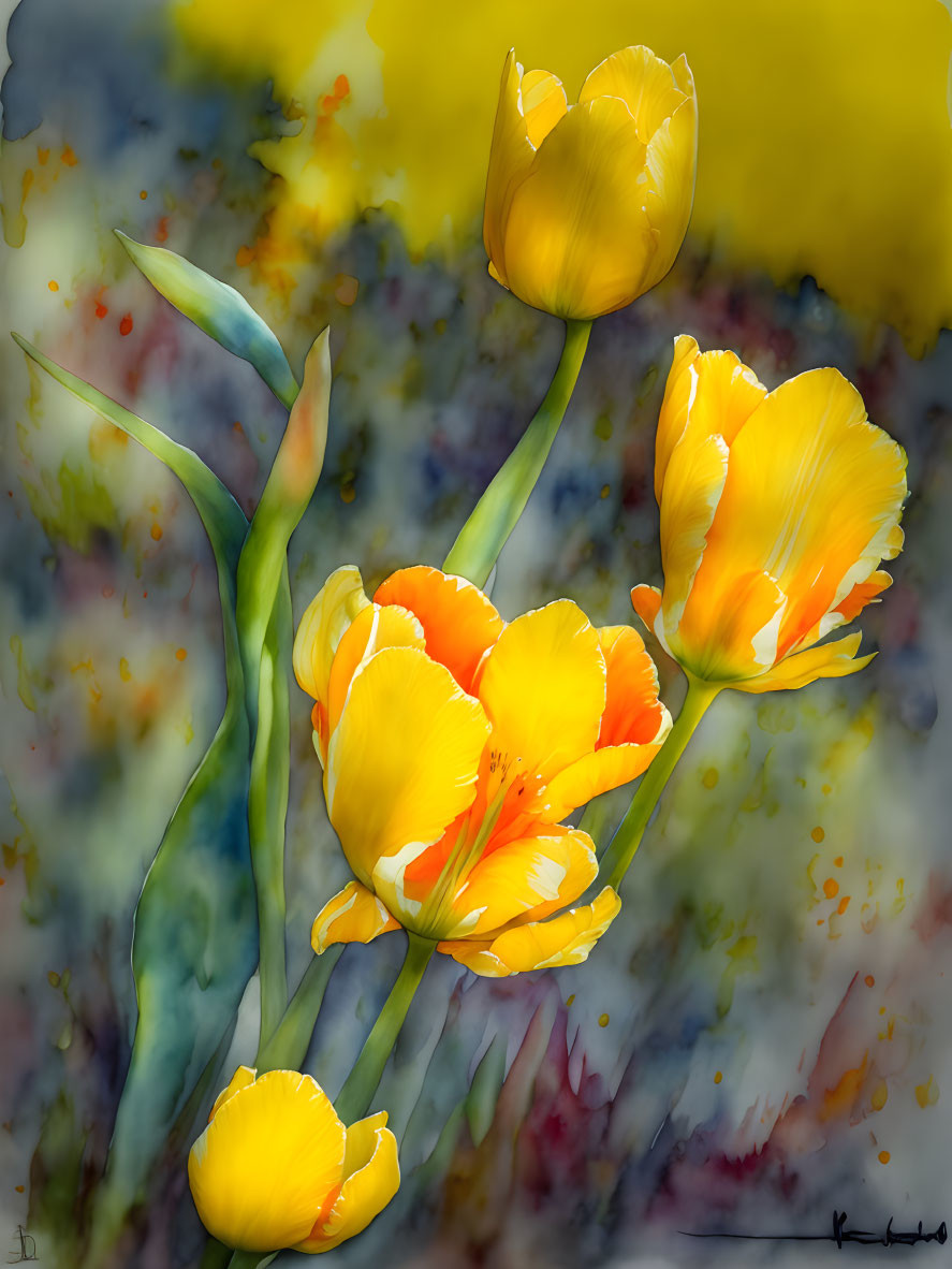 Colorful Yellow Tulips Painting with Watercolor Background